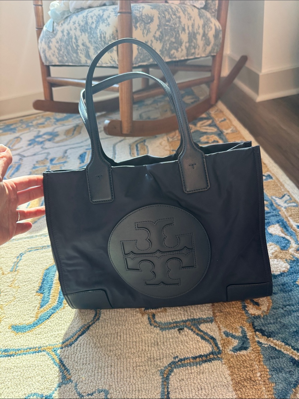Tory Burch Navy Nylon Logo Tote with Leather Trim